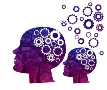 Silhouette of a head and a brain consisting of cogs and flying away, Concept of searching for ideas, mental health