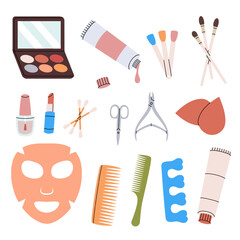 Makeup tools. Women's cosmetics. Manicure and pedicure tools, cosmetic cream, brushes, nail polish, sponge, hair comb, lipstick. Vector illustration