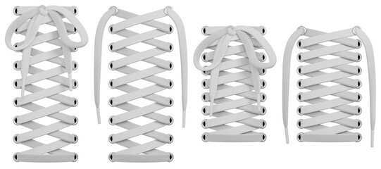 Tied and untied white shoelaces set. Isolated 3D rendered mockup.