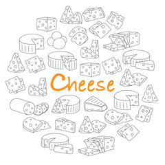 Cheese products in circle design. Cheeses shop banner. Cheddar, camembert, brick, mozzarella, maasdam, brie, roquefort, gouda, feta and parmesan.