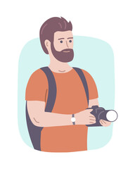 Hiking man with a camera. European tourist with a backpack. Traveler on vacation. Flat vector illustration isolated on white background