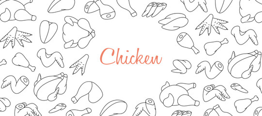 Fototapeta na wymiar Chicken meats horizontal banner. Butcher shop. Whole chicken, brisket wing, carcass, fillet, ham, leg, breast, shank, drumstick. Vector illustration.