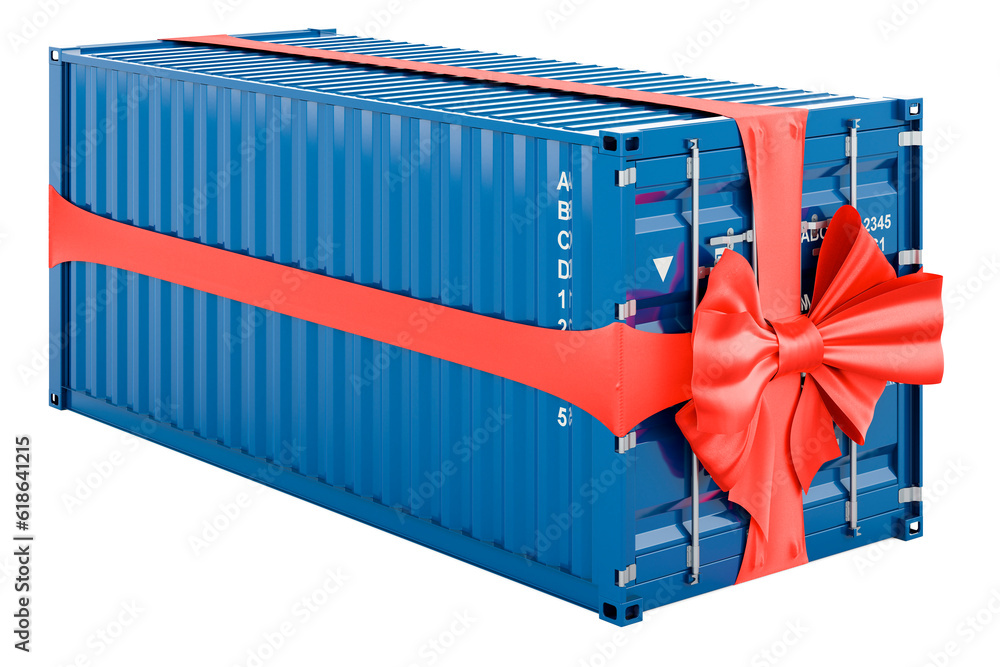 Aufkleber cargo container with red ribbon and bow, present concept. 3d rendering