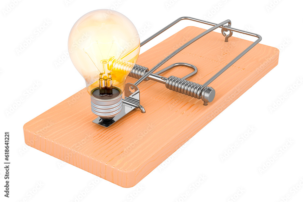 Poster lightbulb inside mousetrap. 3d rendering