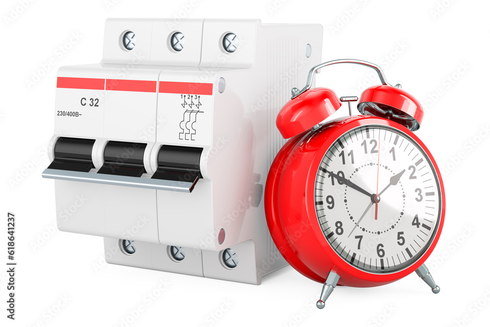 Poster circuit breaker with alarm clock, 3d rendering