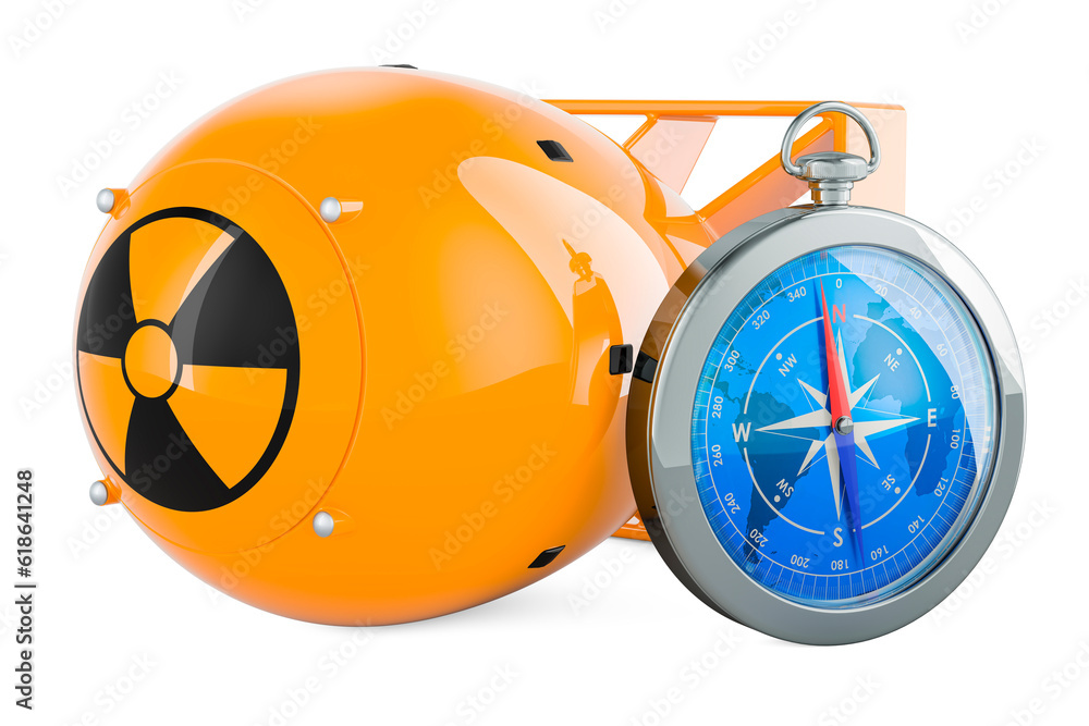 Poster atomic bomb with compass, 3d rendering