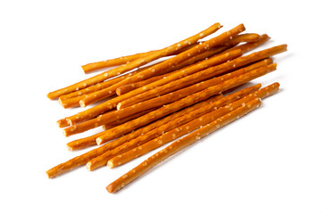 Stick cracker, pretzel, on white background. Crunchy salted pretzel sticks isolated.