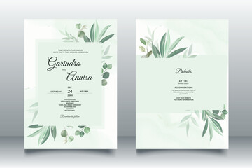 Elegant wedding invitation card with beautiful eucalyptus leaves template Premium Vector