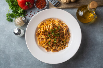 Spaghetti with minced meat in tomato sauce, pasta with noodles. Turkish noodle pasta. Turkish name; Eriste makarna
