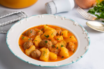 Potato dish with meatballs, Turkish name; koftleli sulu patates yemegi
