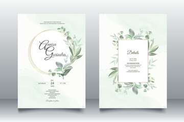 Elegant wedding invitation card with beautiful eucalyptus leaves template Premium Vector
