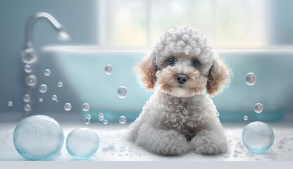 Cute Maltipoo puppy in bathtub with foam and soap bubbles. pets grooming and cleaning concept. Generative AI. 