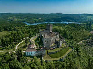 Aerial view of Landstejn castle with rectangular keep and concentric walls, semi circular bastions...