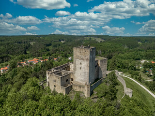 Fototapeta na wymiar Aerial view of Landstejn castle with rectangular keep and concentric walls, semi circular bastions in the Czech Republic