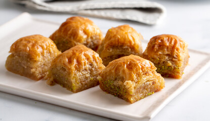Traditional Turkish dessert; Handmade walnut baklava. Turkish name; cevizli baklava