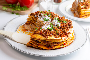 Turkish Food Kayseri Yaglama with Minced Meat, Yogurt and Tomato Paste