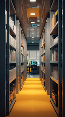Office corridor with shelves and many document