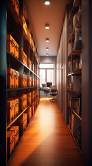 Office corridor with shelves and many document