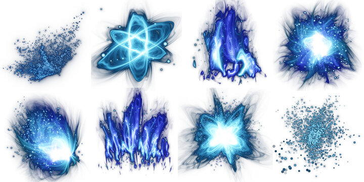 Game Effects Of Magic Beams, Laser Gun, Energy Shot And Blast. Futuristic Weapon Attack Effects With Fire, Lightning, Power Rays And Trails Of Spell And Explosion