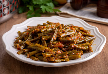 Traditional delicious Turkish food; fresh green black eyed peas food (Turkish name; Zeytinyagli yesil taze borulce or acebek)