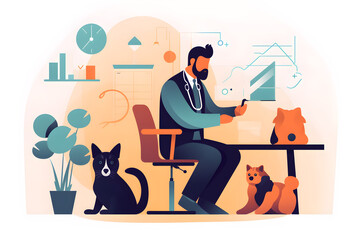  Flat vector illustration dog veterinarian and cat (