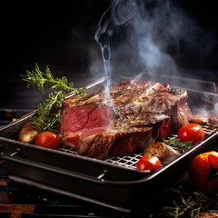 Juicy beef in a roasting pan on a table