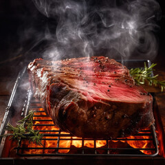 Juicy beef in a roasting pan on a table