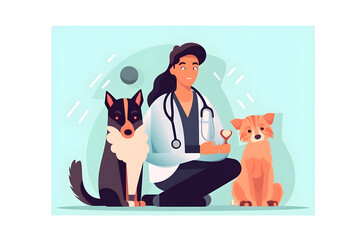  Flat vector illustration dog veterinarian and cat (