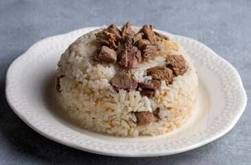 Traditional Turkish cuisine; Meat rice pilaf. Turkish name; etli pirinc pilavi