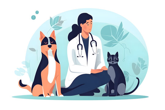  Flat vector illustration dog veterinarian and cat (