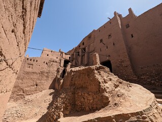 Old historic derelict clay houses in the city center of Amezrou in the Draa valley
