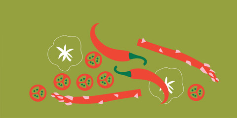  Abstract appetizing Vegetables collection. Decorative abstract horizontal banner with colorful doodles. Hand-drawn modern illustrations with Vegetables, abstract elements