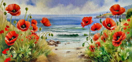 Watercolor paintings landscape. Beautiful landscape with flowers on the background of the sea, poppies, fine art, artwork, flowers on the beach