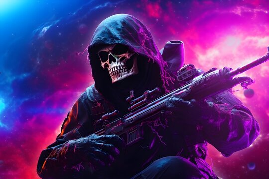 Skeleton sniper with a gun. Neon colors