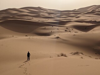 Fototapeta na wymiar A person walking through the Erg Chebbi desert in the African Sahara, Morocco