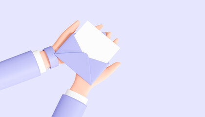 3D Character's hands holding open letter in envelope. New message or email. Send invitation. Subscribe to newsletter. Cartoon design illustration with empty copy space isolated on purple. 3D Rendering