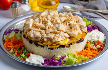 Middle Eastern food culture, Turkish cuisine; type of pilaf, pilaf with chicken and vegetables, Turkish name; Maklube, tavuklu maklube