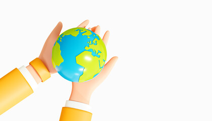 3D Character's hands hold earth. Caring for environment. Save ecology. Sustainability concept. Green Planet. Cartoon design illustration on white background. Banner with empty copy space. 3D Rendering