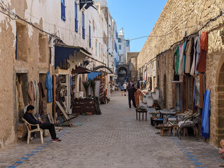 ESSAOUIRA, MOROCCO - APRIL 10, 2023 - Idyllic alley in the medina of Essaouira in Morocco