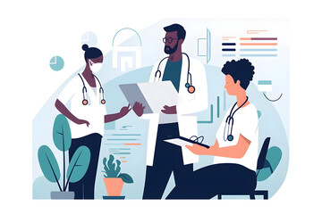  Flat vector illustration doctors nurse and teamwork on tablet for hospital management data report and black people support clinic results research and data analysis of professional healthcare worker 