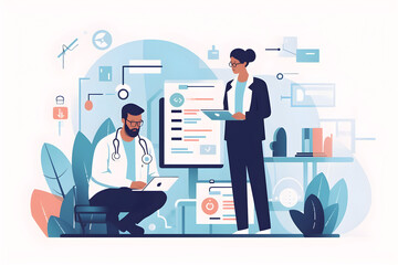  Flat vector illustration doctors nurse and teamwork on tablet for hospital management data report and black people support clinic results research and data analysis of professional healthcare worker 