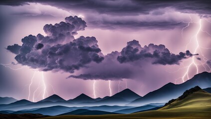 Fototapeta na wymiar A Scene Of A Tasteful Scene Of A Mountain Range With Lightning
