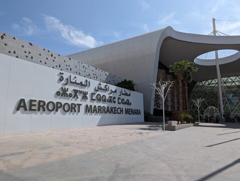 MARRAKECH, MOROCCO - APRIL 22, 2023 - Modern architecture in Arabian style at the Marrakech Menara Airport