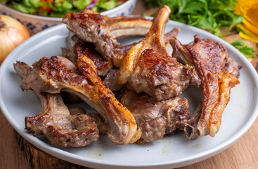 Grilled lamb chops in delicious view, Turkish name; kuzu pirzola