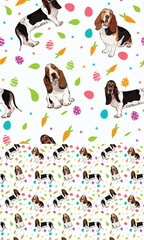 Happy Easter seamless pattern with flowers, leaves, carrot, eggs and basset hound dog, seasonal design background. Holiday present, spring fresh design, pastel colors, flat style. Colorful, motley.