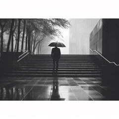 silhouette of a person walking in the rain with umbrella