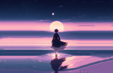anime girl walking on water