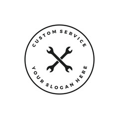 Crossed wrench logo template design with vintage gear.Logo for workshop, badge, industry,service or repair and mechanic.