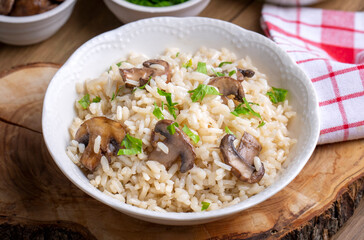 Mushroom rice pilaf, Turkish name; Mantarli pirinc pilavi.