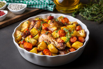 Baked chicken thighs and fried potatoes look delicious.